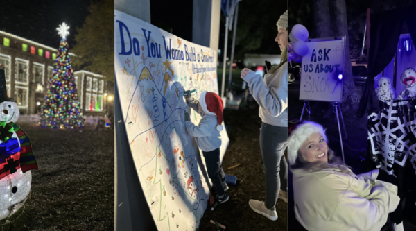 Photo 1: a light up snowman in front of a library
Photo 2: people add their thoughts to an interactive science poster
Photo 3: Volunteers pose at an informational desk